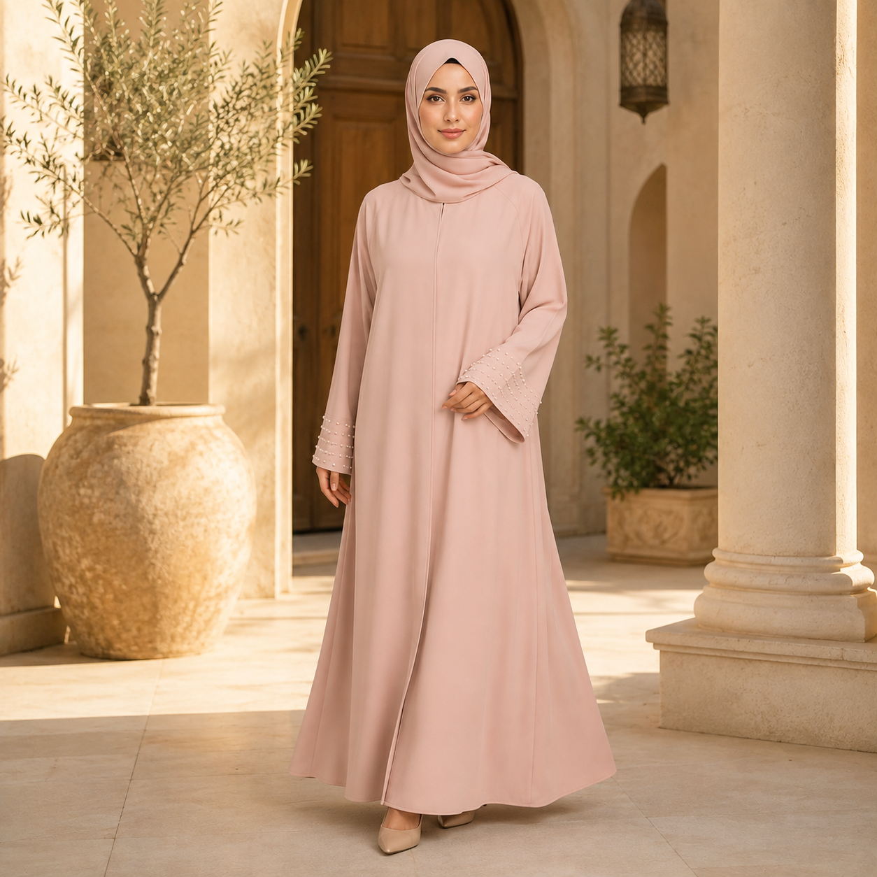 Pearl Cuff Abaya — Blush