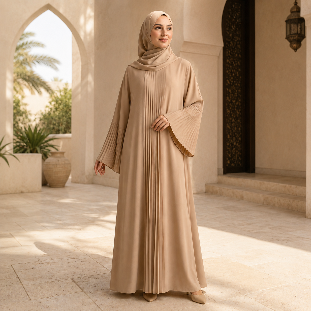 Pleated Grace Abaya — Warm Sand