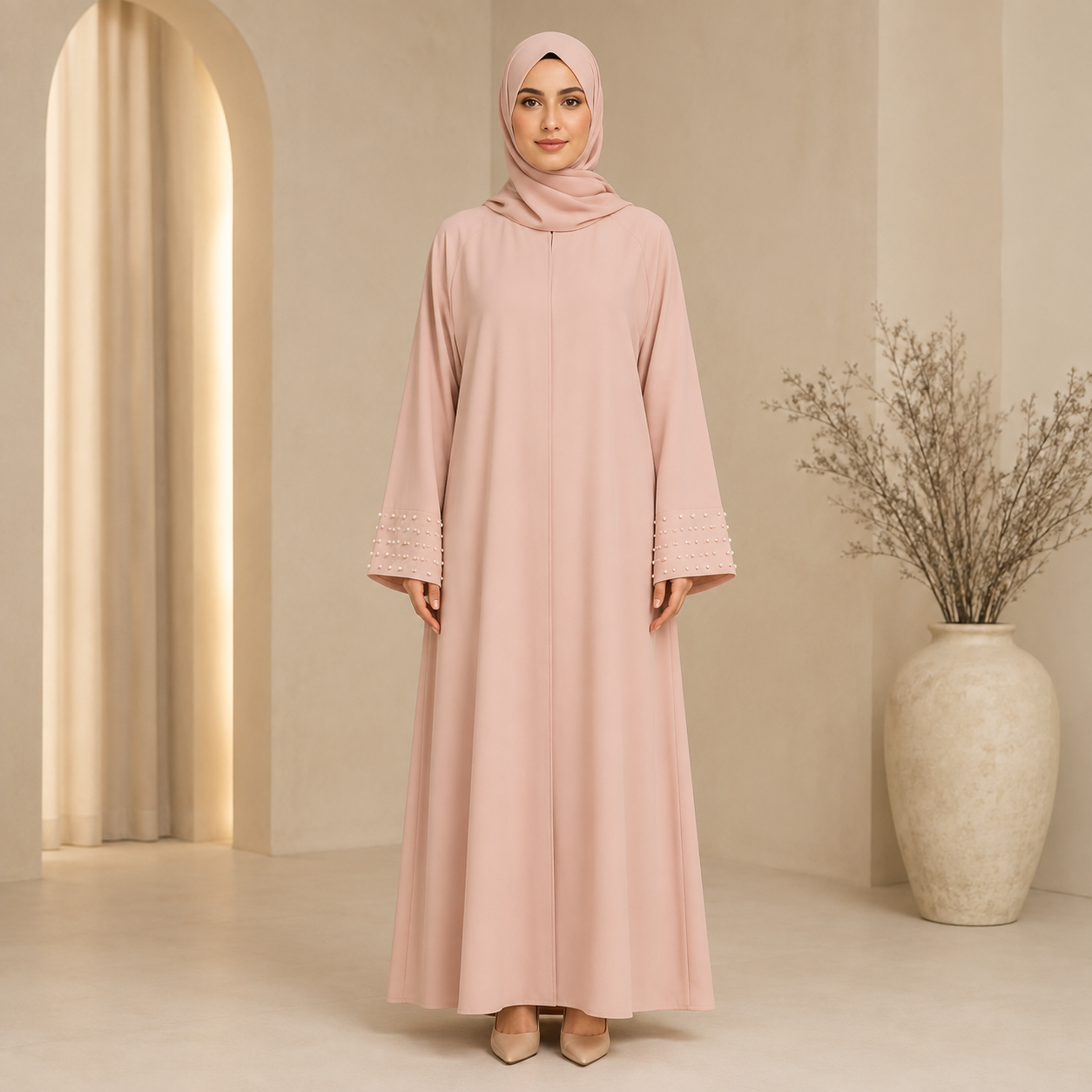 Pearl Cuff Abaya — Blush