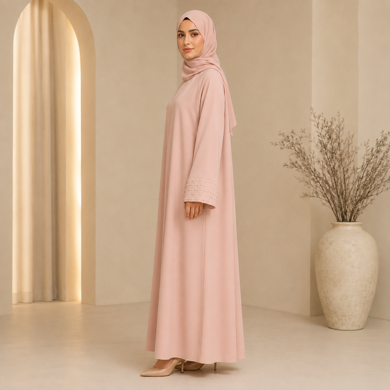 Pearl Cuff Abaya — Blush