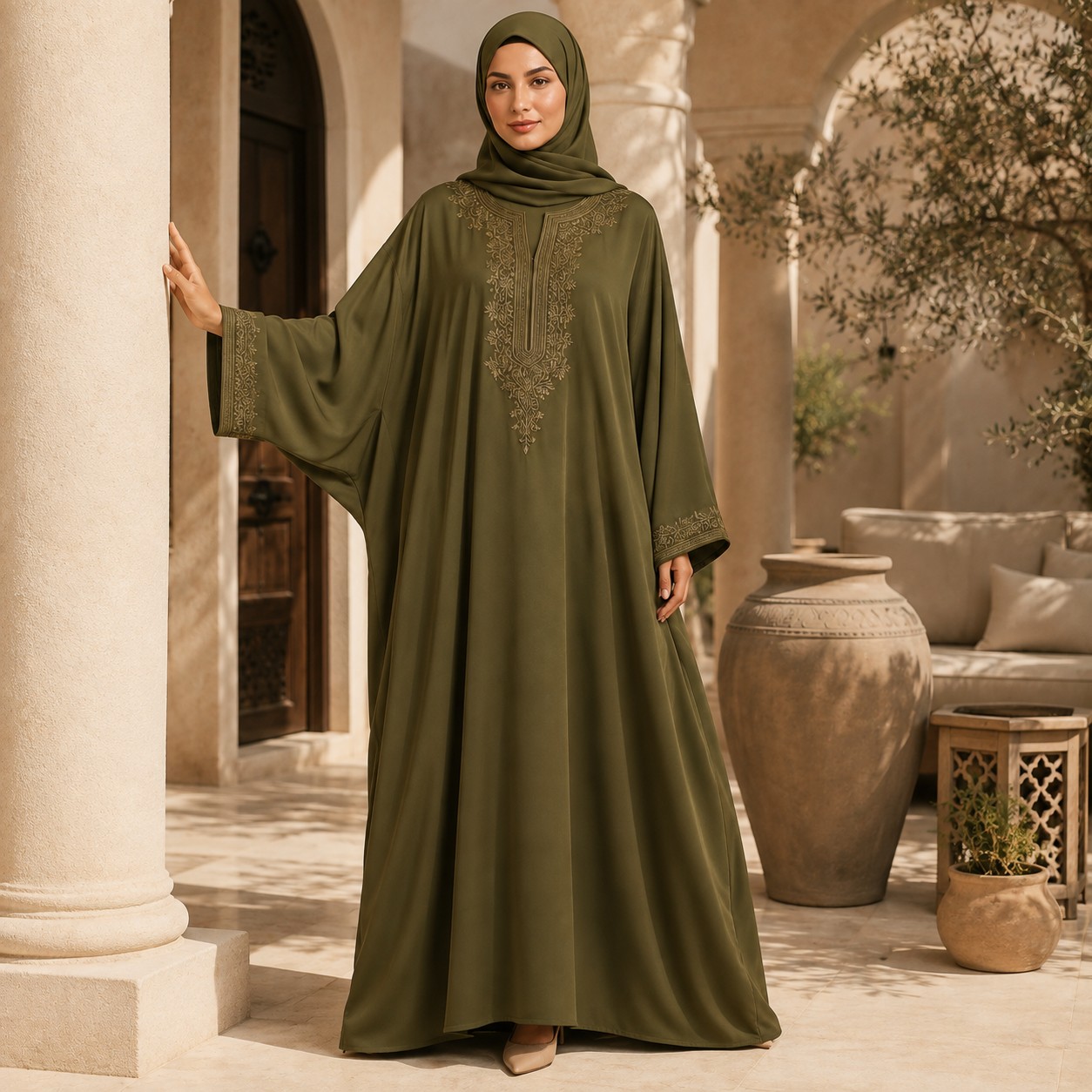 Embroidered Kaftan — Olive